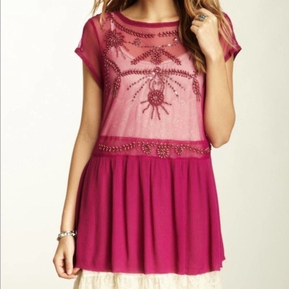 Free People Folklore Mesh Embellished Short Sleeve Tunic Top Size Medium Women